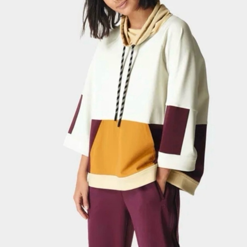 SWEATY BETTY Mix It Up Colorblock Sweatshirt Size XS Pocket 3/4 Sleeve Boxy Fit